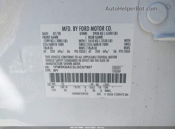 1FM5K8AC3LGC67907 2020 FORD POLICE INTERCEPTOR White 