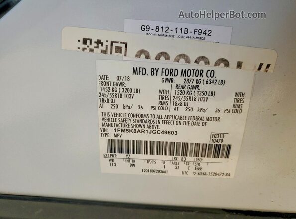 1FM5K8AR1JGC49603 2018 FORD EXPLORER White 
