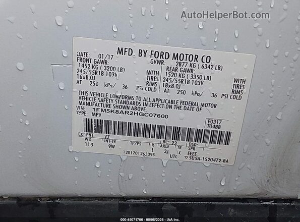 1FM5K8AR2HGC07600 2017 FORD UTILITY POLICE INTERCEPTOR White Вид підкапотного простору