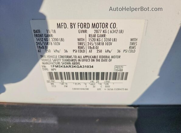 1FM5K8AR3KGA31034 2019 FORD EXPLORER White 