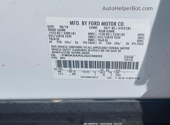 1FM5K8AR5JGC56652 2018 FORD POLICE INTERCEPTOR White VIN კოდის სტიკერის ხედი
