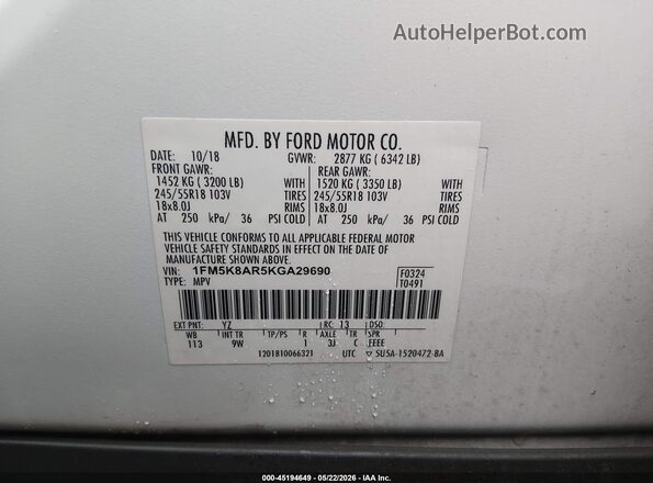 1FM5K8AR5KGA29690 2019 FORD POLICE INTERCEPTOR White Շարժիչի բաժամունքի տեսք