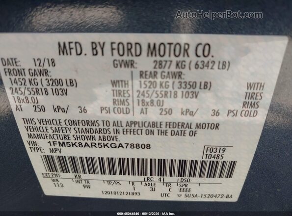1FM5K8AR5KGA78808 2019 FORD POLICE INTERCEPTOR Blue ძრავის განყოფილების ხედი