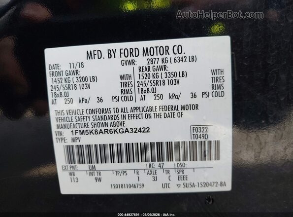 1FM5K8AR6KGA32422 2019 FORD EXPLORER Black Engine compartment view