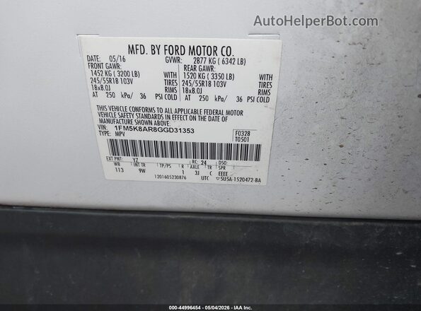 1FM5K8AR8GGD31353 2016 FORD UTILITY POLICE INTERCEPTOR Белый Вид подкапотного пространства