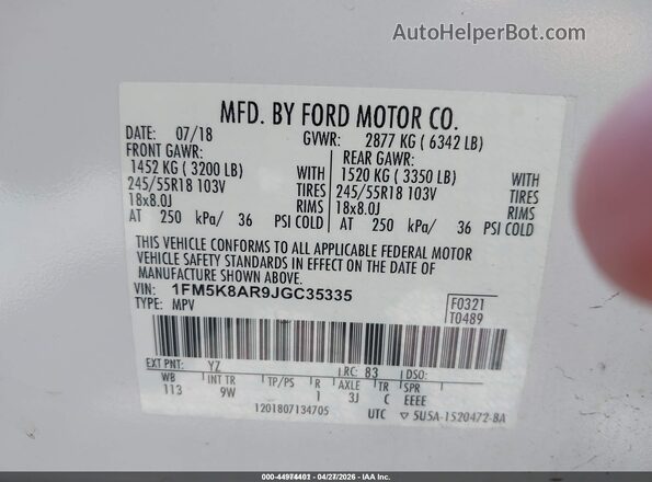 1FM5K8AR9JGC35335 2018 FORD POLICE INTERCEPTOR White Շարժիչի բաժամունքի տեսք