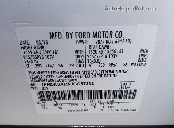 1FM5K8ARXJGC57232 2018 FORD POLICE INTERCEPTOR White 