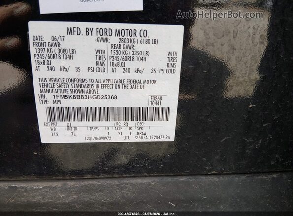 1FM5K8B83HGD25368 2017 FORD EXPLORER Black Widok komory silnika