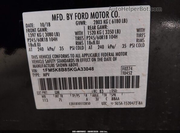 1FM5K8B85KGA33048 2019 FORD EXPLORER Black Vista del compartimento del motor