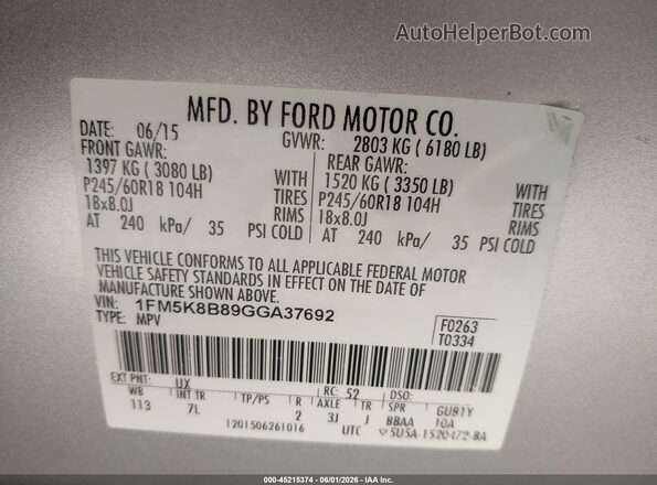1FM5K8B89GGA37692 2016 FORD EXPLORER Silver Vista del compartimento del motor
