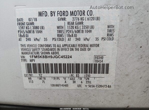 1FM5K8BH9JGC45224 2018 FORD EXPLORER Белый Вид подкапотного пространства