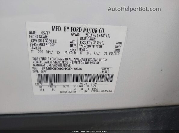 1FM5K8D80HGD18536 2017 FORD EXPLORER White ძრავის განყოფილების ხედი