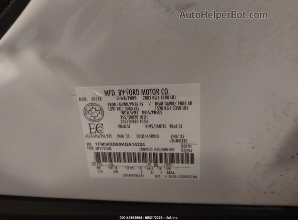 1FM5K8D80KGA14324 2019 FORD EXPLORER White Engine compartment view