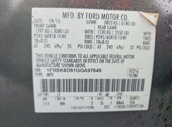 1FM5K8D81GGA97849 2016 FORD FORD EXPLORER Charcoal 