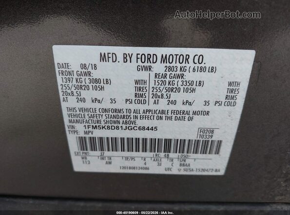 1FM5K8D81JGC68445 2018 FORD EXPLORER Gray Vista del compartimento del motor