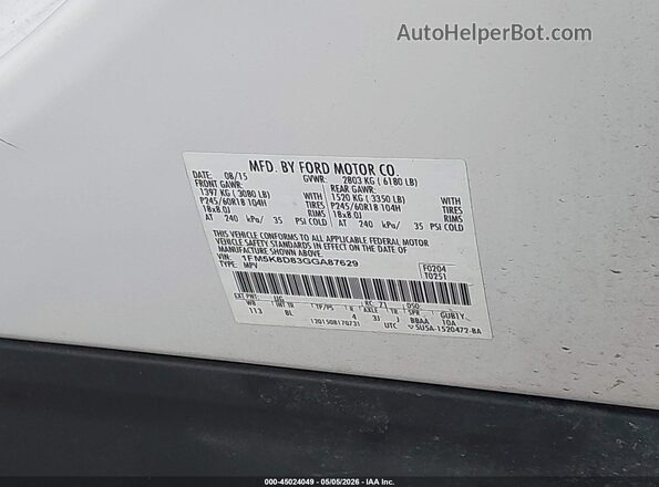 1FM5K8D83GGA87629 2016 FORD FORD EXPLORER White Widok komory silnika