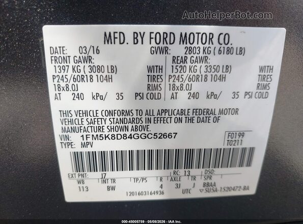 1FM5K8D84GGC52667 2016 FORD FORD EXPLORER Gray Vista del compartimento del motor