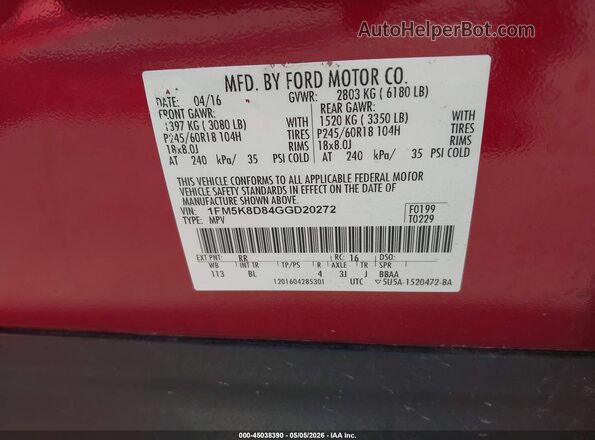 1FM5K8D84GGD20272 2016 FORD FORD EXPLORER Red Vista del compartimento del motor