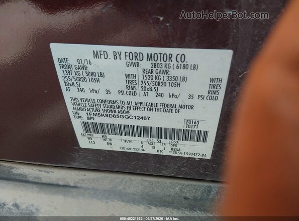 1FM5K8D85GGC12467 2016 FORD EXPLORER Burgundy Widok komory silnika