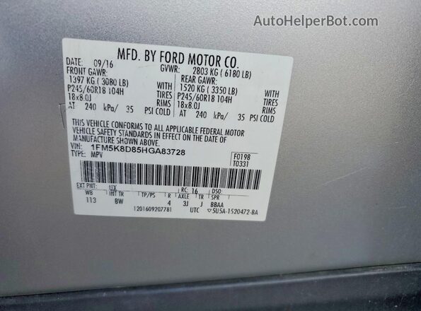 1FM5K8D85HGA83728 2017 FORD EXPLORER Silver 
