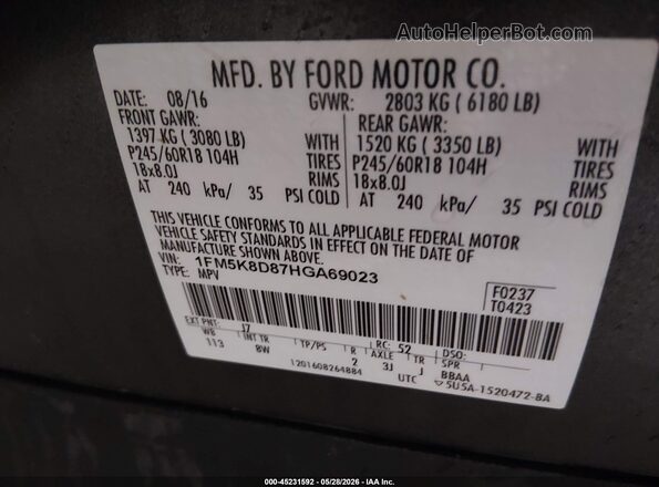 1FM5K8D87HGA69023 2017 FORD EXPLORER Gray ძრავის განყოფილების ხედი