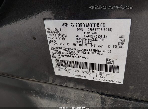 1FM5K8D87KGA03076 2019 FORD EXPLORER Gray Вид підкапотного простору