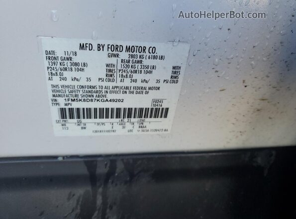 1FM5K8D87KGA49202 2019 FORD FORD EXPLORER White Widok naklejki z numerem VIN