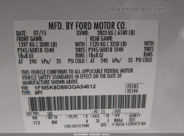 1FM5K8D88GGA54612 2016 FORD EXPLORER White Widok komory silnika