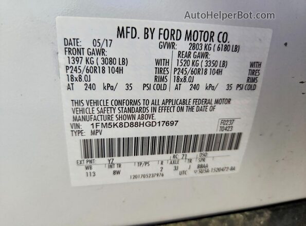 1FM5K8D88HGD17697 2017 FORD FORD EXPLORER Белый 