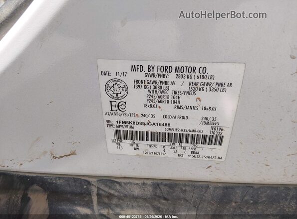 1FM5K8D89JGA16488 2018 FORD EXPLORER White Engine compartment view