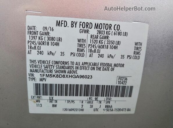 1FM5K8D8XHGA96023 2017 FORD EXPLORER Silver 