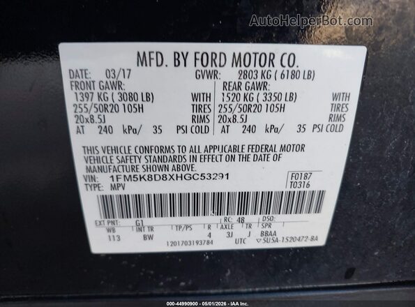 1FM5K8D8XHGC53291 2017 FORD FORD EXPLORER Black Vista del compartimento del motor