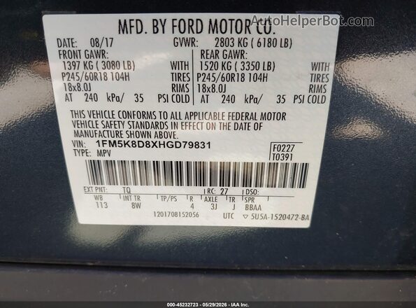 1FM5K8D8XHGD79831 2017 FORD EXPLORER Черный Вид подкапотного пространства