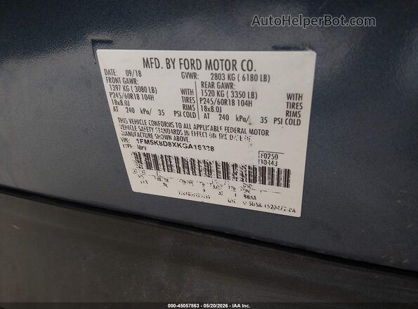 1FM5K8D8XKGA16338 2019 FORD EXPLORER Blue 
