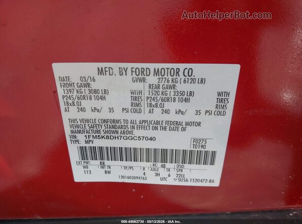 1FM5K8DH7GGC57040 2016 FORD EXPLORER Red Widok komory silnika