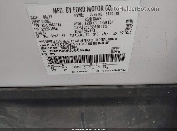 1FM5K8DH9JGC46984 2018 FORD FORD EXPLORER White Vista del compartimento del motor