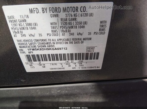 1FM5K8DH9KGA69712 2019 FORD EXPLORER Gray Vista del compartimento del motor