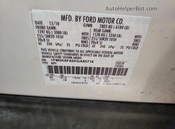 1FM5K8F82KGA85716 2019 FORD EXPLORER White Widok naklejki z numerem VIN