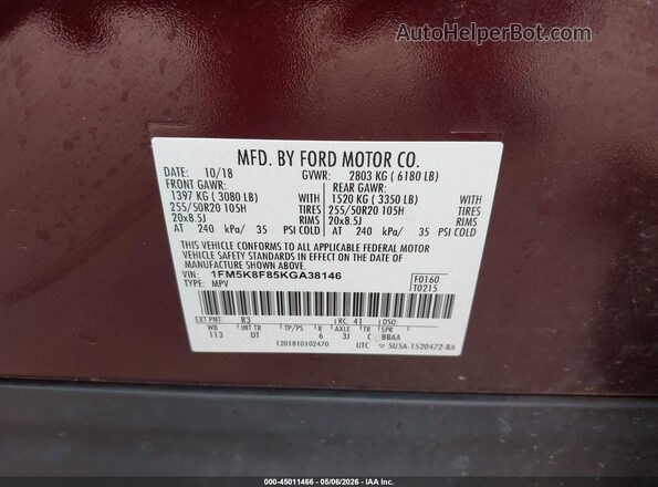 1FM5K8F85KGA38146 2019 FORD FORD EXPLORER Red 