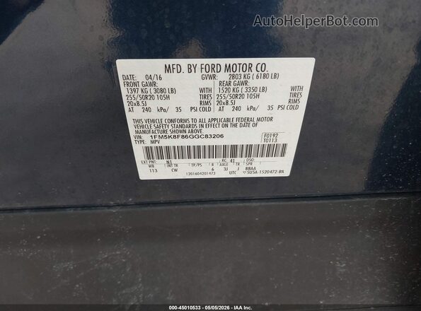 1FM5K8F86GGC83206 2016 FORD FORD EXPLORER Dark Blue Vista del compartimento del motor