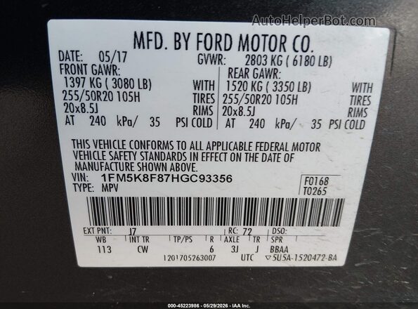 1FM5K8F87HGC93356 2017 FORD EXPLORER Gray Engine compartment view