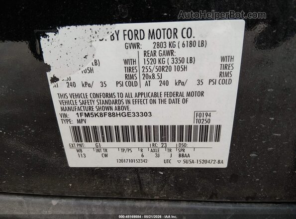 1FM5K8F88HGE33303 2017 FORD EXPLORER Black 