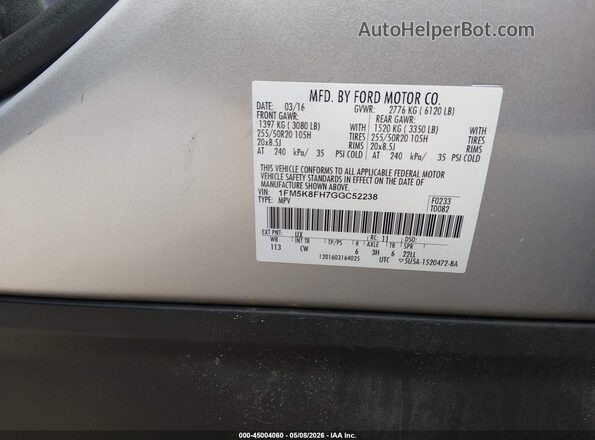 1FM5K8FH7GGC52238 2016 FORD FORD EXPLORER Серебряный 