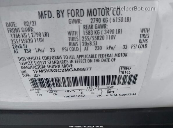 1FM5K8GC2MGA95877 2021 FORD EXPLORER White Engine compartment view