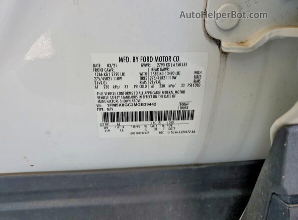1FM5K8GC2MGB39442 2021 FORD EXPLORER White 