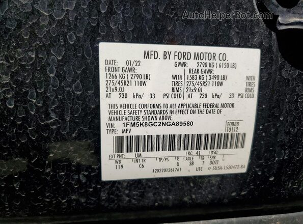 1FM5K8GC2NGA89580 2022 FORD FORD EXPLORER Black VIN կոդի պիտակի տեսք