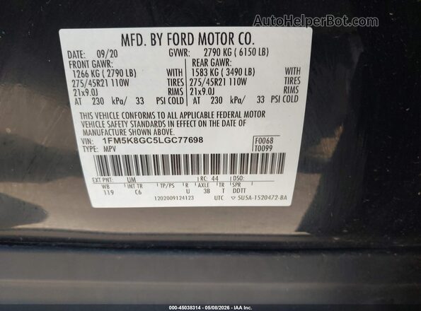 1FM5K8GC5LGC77698 2020 FORD FORD EXPLORER Black Vista del compartimento del motor