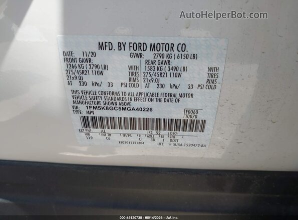 1FM5K8GC5MGA40226 2021 FORD EXPLORER White Vista del compartimento del motor