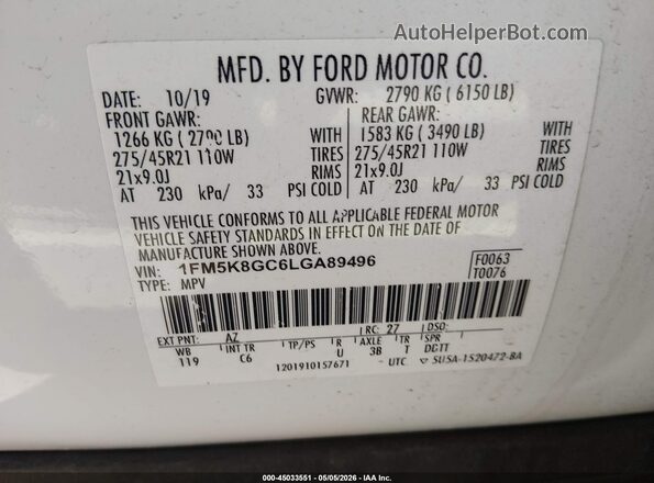 1FM5K8GC6LGA89496 2020 FORD FORD EXPLORER White 