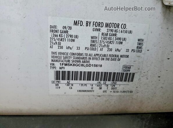 1FM5K8GC8LGD15618 2020 FORD EXPLORER Белый Вид подкапотного пространства